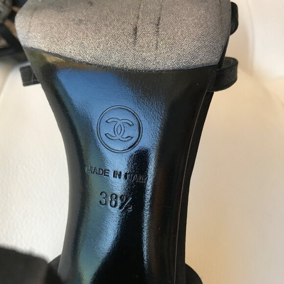 CHANEL BLACK SATIN SLINGBACKS CC LOGO CAMELLIA PETALS 38.5 CHAIN STRASS WEDDING - Picture 8 of 16